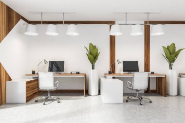 Beyaz alanda ofis sandalyeleri ve yastıklı iki masa, duvarlarda ve mobilyalarda parlak ahşap detaylar, yukarıdaki ışıklar ve beton zeminde duran bitkiler. 3d oluşturma