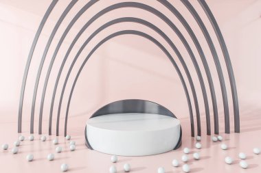 Mücevherler için açık pembe, koyu gri detaylarla beyaz podyum, oval kemer çerçeveler ve boncuklar. 3D görüntüleme. Model.