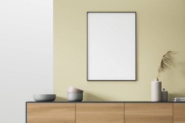 Duvardaki boş posteri taklit et. Modern oturma odasının içi. Mobilyalar çok şık. Çağdaş tasarım kavramı. 3d oluşturma