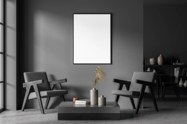Duvardaki boş posteri taklit et. Modern oturma odasının içi. Taş zemin ve şık mobilyalar. Çağdaş tasarım kavramı. 3d oluşturma