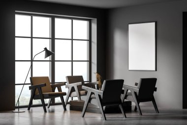 Duvardaki boş posteri taklit et. Modern oturma odasının içi. Taş zemin ve şık mobilyalar. Çağdaş tasarım kavramı. 3d oluşturma