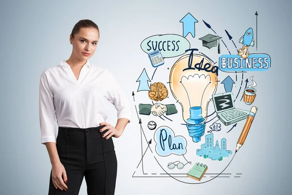 Attractive businesswoman in formal wear dreaming about new business ideas. Colorful light bulb and brain sketch. Concept of education and success