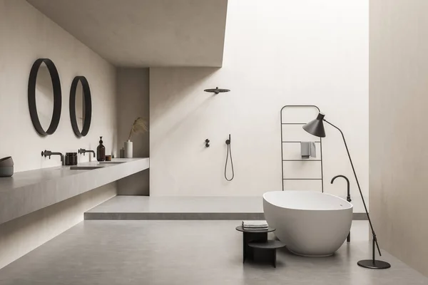 Salle Bain Béton Beige Intérieur Moderne Avec Baignoire Double Lavabo — Photo