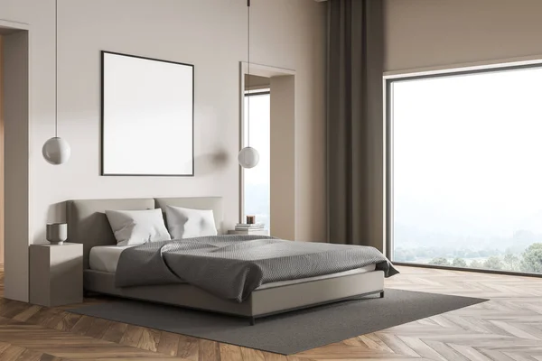 베이지 포스터 파노라마같은 양탄자 격자무늬와 장식용 침실이다 현대적 디자인의 렌더링 — 스톡 사진