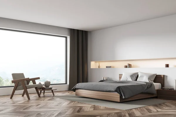 Interieur Mit Bett Nachttischen Parkett Einem Beigen Sessel Panoramafenster Mit — Stockfoto