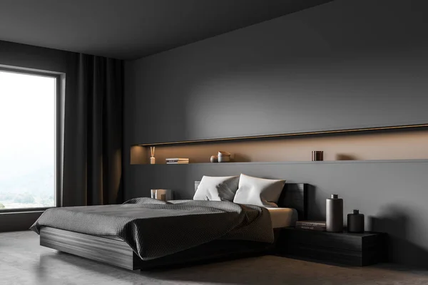 室内有全景窗 床头柜床 灰色混凝土地板和带有明亮的窄棕色壁龛的黑暗墙壁 现代室内设计的概念 3D渲染 — 图库照片
