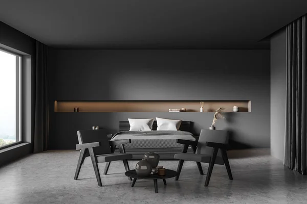 内部有狭窄的浅棕色的小生境 两个扶手椅 咖啡桌 木制床 两个窗帘和混凝土地面灰色阴影 现代室内设计的概念 3D渲染 — 图库照片