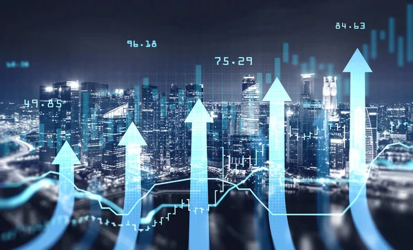 Singapur panoramik şehir manzarası boyunca hologram finansal bar ve hat grafikleri. Uluslararası ticaret ve finansal danışmanlık kavramı. Çift Pozlama.