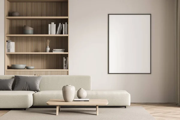 Banner Beigen Wohnzimmer Mit Hölzernem Bücherregal Sofa Und Couchtisch Parkettboden — Stockfoto