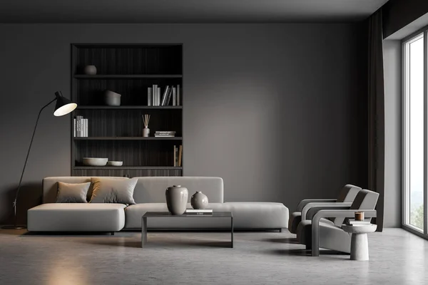 Dunkelgraues Wohnzimmer Mit Sofa Zwei Sesseln Zwei Modernen Couchtischen Lampe — Stockfoto