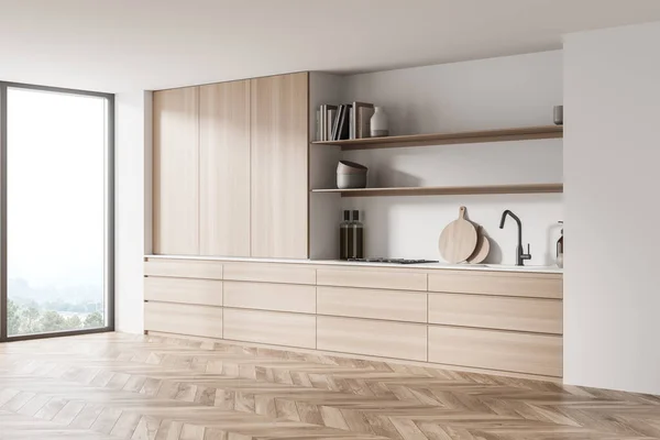 Ecke Der Hellen Weißen Küche Mit Parkett Modulschrank Panoramafenster Holz — Stockfoto