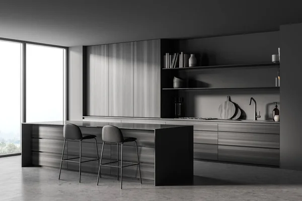 Coin Intérieur Cuisine Panoramique Sombre Avec Armoire Bois Étagères Ouvertes — Photo