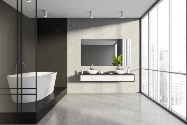 室内有白色浴缸 镜框下方有架子 两个洗脸盆和石板 使用浅灰和黑色材料 现代设计的概念 3D渲染 — 图库照片