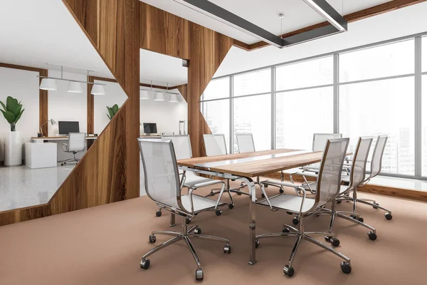 Besprechungsraum Mit Panorama Büroräumen Mit Betonboden Und Hinteren Arbeitsplätzen Design — Stockfoto