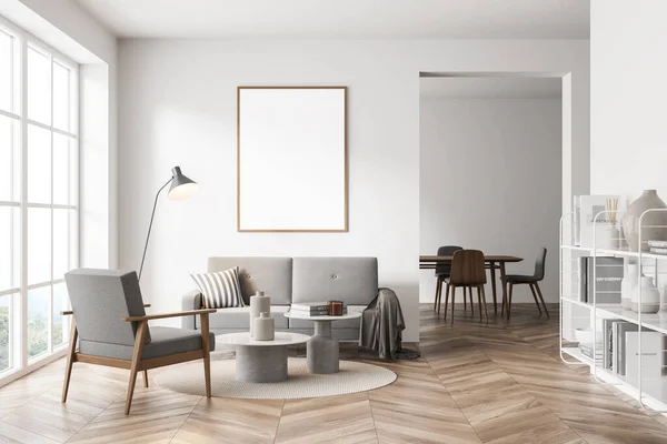 壁の空のポスターをモックアップします 現代のリビングルームのインテリア 木製の床とスタイリッシュな家具 現代的なデザインの概念 3Dレンダリング — ストック写真