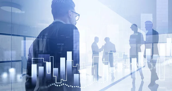 Diverse Business People Working Together Skyscrapers Stock Market Dynamics Line — Stock Photo, Image