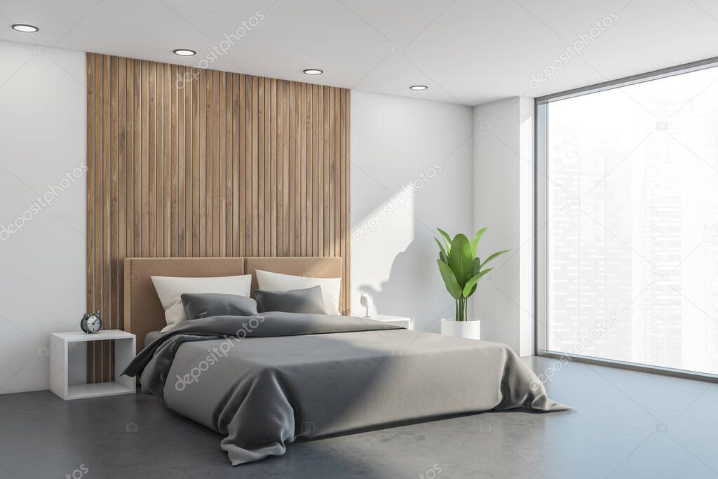 Interior with bed, sideboard, white walls, side tables and ceiling, wooden details, indoor plant, grey concrete flooring and panoramic view. 3d rendering