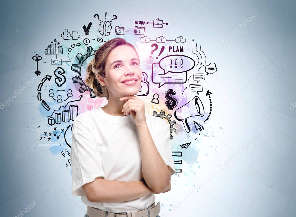 Portrait of businesswoman in white t-shirt and hand on chin dreaming about business opportunities of starting up new business, building a plan, strategy and team. Colorful sketches on blue wall