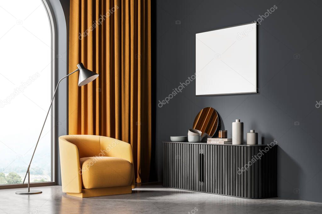 Interior with empty banner on the dark wall, arch window, bright orange curtains and armchair, lamp, light grey concrete flooring and sideboard. Concept of a modern house design. Mockup. 3d rendering