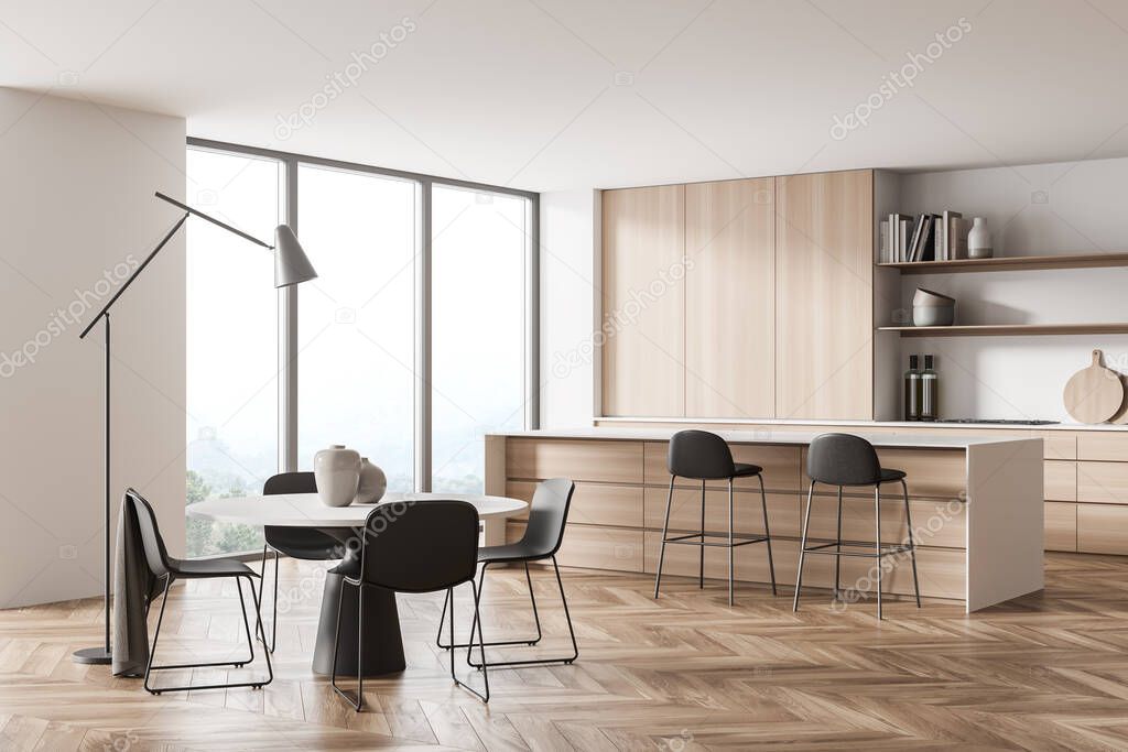Corner of kitchen interior with wood, parquet floor, white countertops, black chairs, thin light, open shelves and panoramic windows, adding space. Concept of modern interior design. 3d rendering