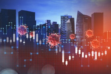 Gece Panormik Singapur şehir manzarası körfezde, Forex 'in finansal haritası ve küresi hologramı. Corona virüsü veya covid-19 yüzünden ekonomik kriz konsepti