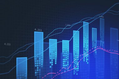 Gökdelen benzeri çizgiler ve aralıklı kırmızı çizgiler de dahil olmak üzere çeşitli grafikler, koyu mavi arkaplanda büyümeyi gösteriyor. Finansal orman kavramı. 3d oluşturma