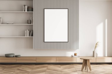Çağdaş rafları, parke zemini ve kıvrımlı duvarları olan çerçeveli pankart oturma odasında. Açık bej iç döşeme ve minimalist tabure. Modern ev tasarımı kavramı. Modelleme. 3d oluşturma