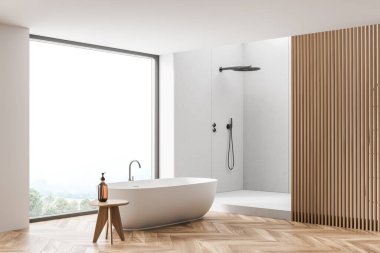 Banyo içi ahşap bölmeli, tahta tabure ve parke görünümlü döşemeli. Beyaz kabin, seramik küvet, duvarlar ve panoramik pencere, boşluk eklemek. Modern ev tasarımı kavramı. 3d oluşturma