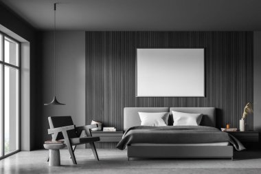 Gri yatak odasının iç kısmında yatak, duvar panelleri, sehpalı koltuk, halı, kolye lambası ve beton zemin. Modern ev tasarımı kavramı. 3d oluşturma