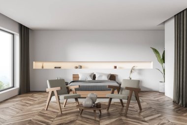 İçinde iki bej koltuk, sehpa, tahta yatak, panoramik manzara, gri yeşil perdeler, parke ve dar oyuklu beyaz duvarlar var. Modern ev tasarımı kavramı. 3d oluşturma