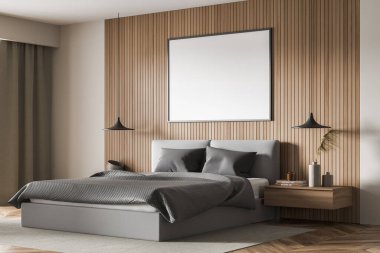 Gri yataklı, halılı, gri perdeli bir afiş, iki kolye lambası, açık bej ve parke döşemeli raflı duvar paneli, modern iç tasarım konsepti. 3d oluşturma