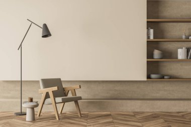 Nikhe kitaplığı, koltuk, kahve masası, trend lambası, daha koyu bej detaylı bej duvar ve oturma alanında parke. Modern ev tasarımı kavramı. 3d oluşturma