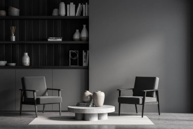 Dolabın yanında kahve masası olan iki koltuk, üç açık ahşap raf. Beton zeminde halı ve gri içinde oturma odasının içi boş duvar. 3d oluşturma