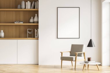 Koltuk, siyah kolye lamba, kahve masası ve bekleme odasının iç tarafındaki açık bej duvarda parke döşeme ve soldaki kitaplık. Modelleme. 3d oluşturma