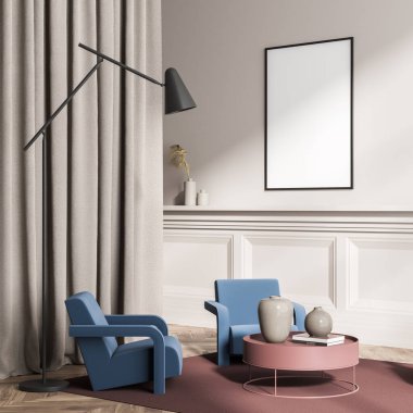 Bej renkli duvarda paneller, modern oturma odasının iç tarafında, iç perdeler, ince lamba, iki mavi koltuk ve parke üzerinde halı olan bordaux kahve masası. Modelleme. 3d oluşturma