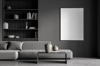 Koyu gri oturma odasında dikey pankart, kanepe, niş kitaplık ve kahve masası. Beton döşemeli koyu gri bir iç döşeme. Modern ev tasarımı kavramı. 3d oluşturma