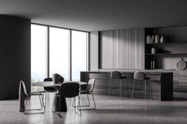 İçinde ahşap dolap, beton zemin, sandalyeli yuvarlak masa, açık raflar ve panoramik manzara olan koyu gri mutfak köşesi. Modern iç tasarım kavramı. 3d oluşturma
