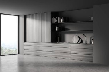 Koyu gri mutfak iç kısmının köşesinde beton döşeme, açık rafları olan ahşap dolap, boş yer ve panoramik pencere. Modern ev tasarımı kavramı. 3d oluşturma