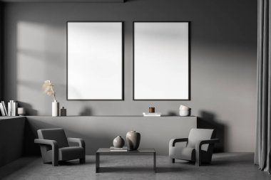 Gri oturma odasında iki boş pankart, iki koltuk, minimalist sehpa ve raf köşesi detayı. Beton zemin. 3d oluşturma