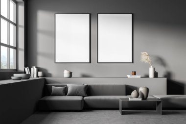 İki tane köşe ayrıntıları ve gri oturma odasının içinde minimalist kahve masası beton döşemeli ve Japon pencereli afiş. 3d oluşturma