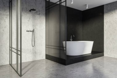 Banyo içi köşesi, gri bölgede duş odası olması, köşedeki siyah taş boşluğunda küvetle eşleşmesi. Minimalist modern ev tasarımı kavramı. 3d oluşturma