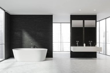 Moda seramik küveti ve iki lavabosu, aynası, üç tarafı panoramik penceresi, taş zemini ve duvarları olan siyah beyaz banyo. 3d oluşturma