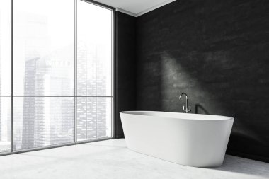 Oval seramik küveti, panoramik penceresi, taş zemini ve duvarları olan siyah ve beyaz bir banyo içinde bir küvetin yan görüntüsü. 3d oluşturma