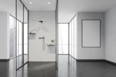 Banner on the wall near the panoramic windows in the shower room. A glass-walled cabin of the black and white interior in a modern spacious design with stone floors. 3d rendering