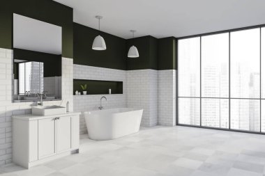 Corner of white bathroom with vanity, sink, mirror, two pendant lamps, tub, dark green details of the brick wall, tiled floor and panoramic windows. Concept of modern house design. 3d rendering