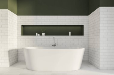 White interior with olive wall detail and niche, pairing with brick alike material of the industrial bathroom space with bathtub on tiled floor. Concept of a modern house design. 3d rendering
