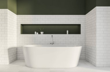 White interior with olive wall detail and niche, pairing with brick alike material of the industrial bathroom space with bathtub on tiled floor. Concept of a modern house design. 3d rendering clipart