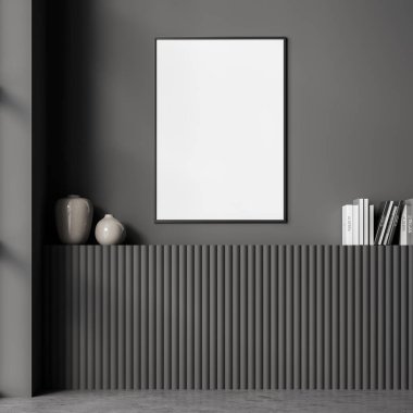 Empty framed mockup banner on dark grey niche wall above lined part. Two vases and books on the top. Concrete flooring. Concept of mosern house design. 3d rendering