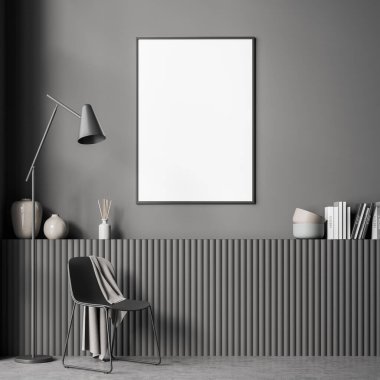 Framed banner on grey niche wall above lined detail with shelf. Interior with black chair, thin lamp near and concrete flooring. Concept of modern house design. Mockup. 3d rendering