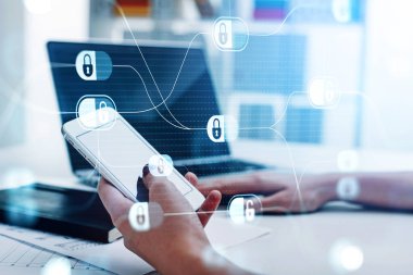 Woman hand using smartphone with touch screen, blue glowing information protection padlock icons. Concept of cyber security and data storage